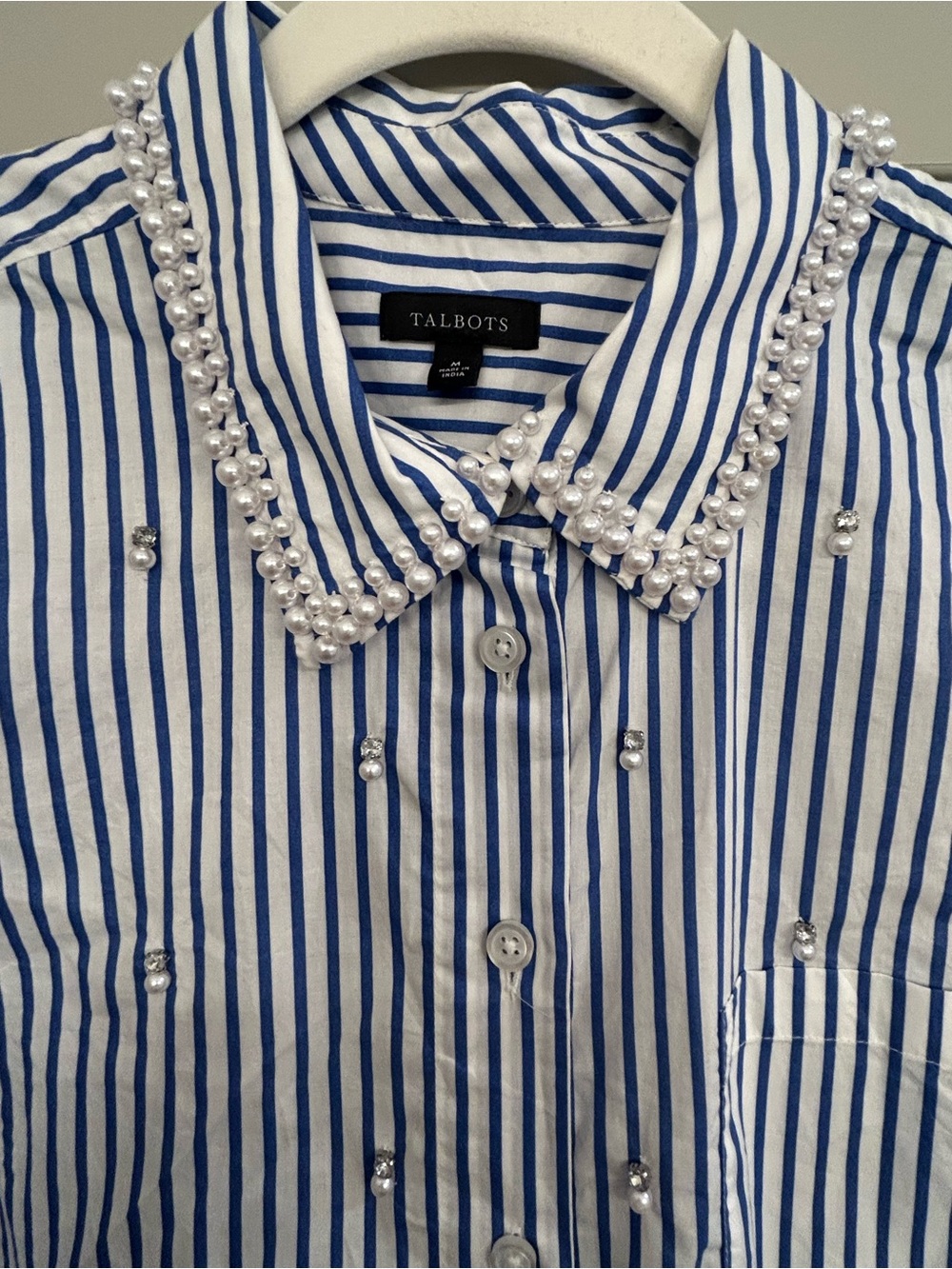 Talbots Blue and White Striped Shirt with Pearl Accent. Size M